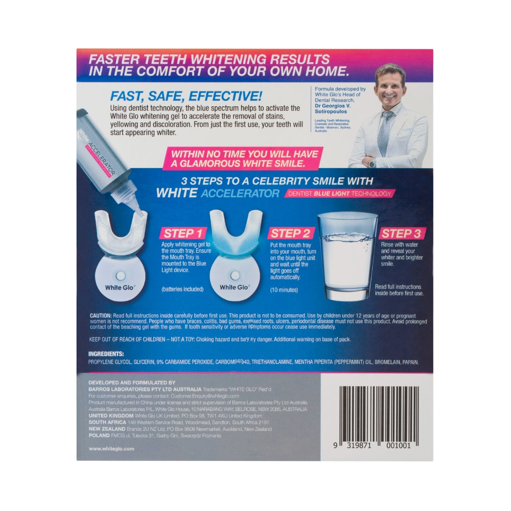 Back of White Glo Accelerator LED Teeth Whitening Kit packaging with whitening instructions, LED mouth tray usage steps, ingredients and product information.