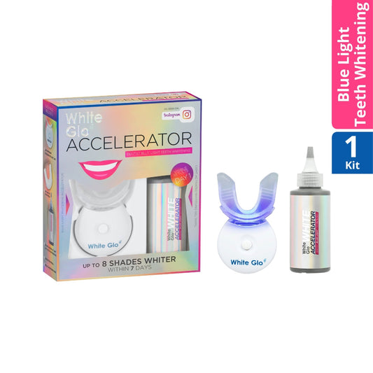 White Glo Accelerator LED teeth whitening kit including LED mouth tray, whitening gel and packaging for up to 8 shades whiter teeth in 7 days.