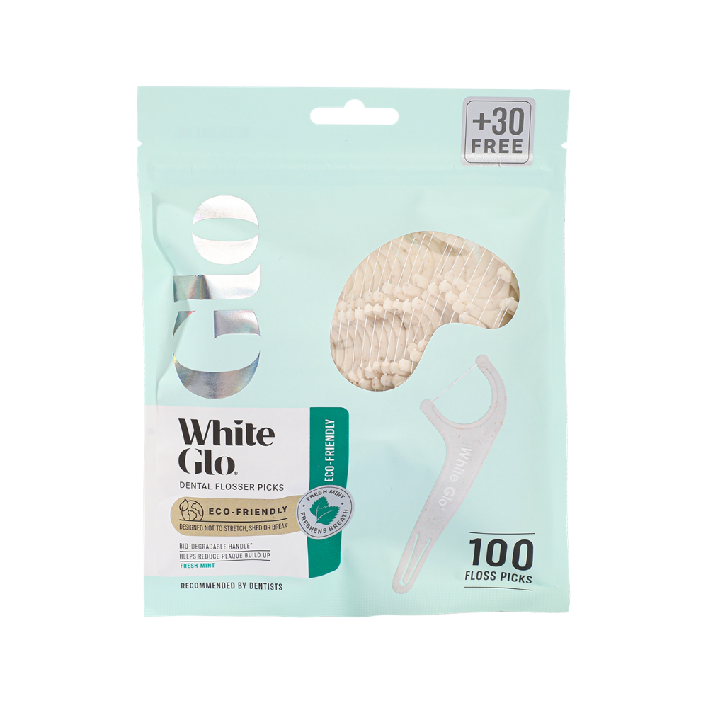 White Glo Dental Flosser Picks Eco- Friendly Bio-Degradable Handle 70 Floss Picks + 30 Free
